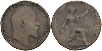Великобритания 1/2 пенни 1902 Эдуард VII (1901-1910) KM 793.2, Spink 3991 бронза 4143-637
