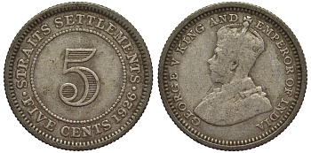 Стрейтс-Сетлментс 5 центов 1926 Георг V (1910-1936) КМ 36 серебро 53-524