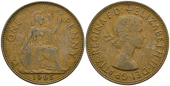 Великобритания 1 пенни 1965 Елизавета II (1952-2022) КМ 897, Spink 4157 бронза 4120-821