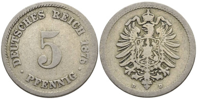 ГЕРМАНИЯ 5 ПФЕННИГОВ 1876 D, СТАРОГЕРБОВКА KM 3, Jager 3, Weege 5 медно-никель 4546-1043