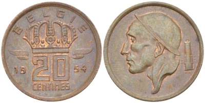 Бельгия 20 сантимов 1954 Belgie, Бодуэн I (1951-1993) KM 147.1 бронза 201-1242
