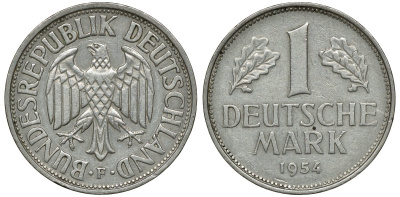 ФРГ 1 МАРКА 1954 F KM 110, J. 385 медно-никель 72-625