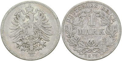 Германия 1 марка 1875 H Weege 17, J. 9, KM 7 серебро 65-113