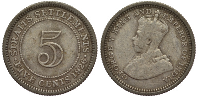 Стрейтс-Сетлментс 5 центов 1926 Георг V (1910-1936) КМ 36 серебро 53-524