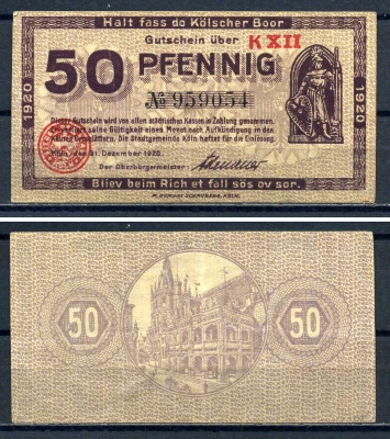 Кёльн (Пруссия) 50 пфеннигов 1920 бумага 7556-22-2-1