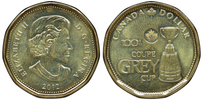 Канада 1 доллар 2012 100-ый кубок Грея (чемпионат канадской футбольной лиги) KM 1295 никель плакированный бронзой UNC 4542-1234