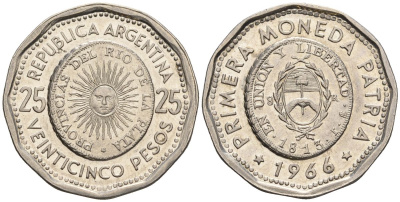 Аргентина 25 песо 1966 первая монета отчеканенная в Аргентине в 1813 году KM 61, Schon 61, CJ 277 сталь плакированная никелем    60-1025