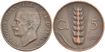 ИТАЛИЯ 5 ЧЕНТЕЗИМО 1929 R, МОНДВОР РИМ, ВИКТОР ЭММАНУИЛ III (1900-1946) KM 59 медь 4525-144