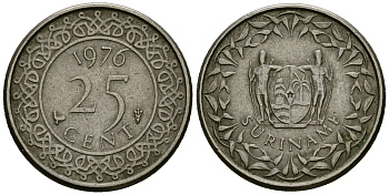 Суринам 25 центов 1976 KM 14 медно-никель 4167-1014
