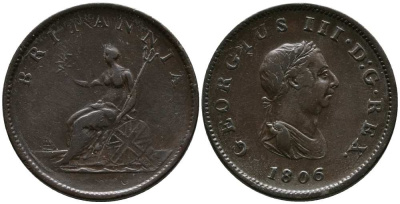 Великобритания 1/2 пенни 1806 Георг III (1760-1820) KM 662, Spink 3781 медь 1518-912