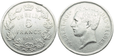 БЕЛЬГИЯ 5 ФРАНКОВ 1931 BELGES KM 97.1 никель 3999-1012