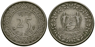 Суринам 25 центов 1976 KM 14 медно-никель 4167-1014
