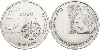 Португалия 5 евро 2003 150 летие первой Португальской марке KM 749 серебро UNC 1521-1315
