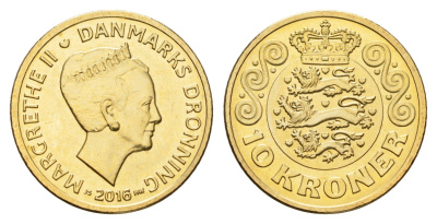 Дания 10 крон 2016 NR, Маргрете II (1972-2024) KM 954 алюминиевая бронза UNC 117-436