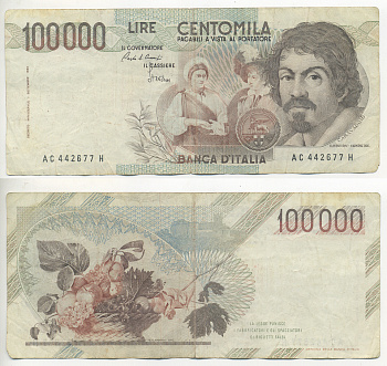 Италия 100000 лир 1983 Караваджо, фруктовый букет, подпись Speziali Pick 110b бумага 7220-30-1