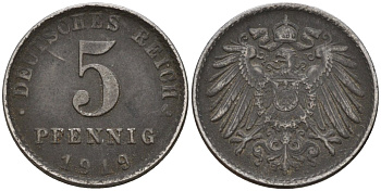 Германия 5 пфеннигов 1919 A KM 19, J. 297 железо 4151-621