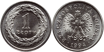 Польша 1 злотый 1994 MW KM 282 медно-никель UNC 4390-513
