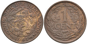 Нидерланды 1 цент 1941 Вильгельмина (1890-1948) KM 152  бронза    4169-227