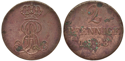 Ганновер 2 пфеннига 1843 A, Эрнст Август (1837-1851) KM 174.1, AKS 122, J. 55 медь 75-1744