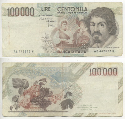 Италия 100000 лир 1983 Караваджо, фруктовый букет, подпись Speziali Pick 110b бумага 7220-30-1