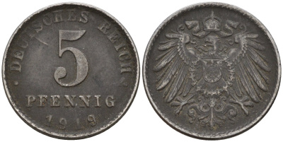 Германия 5 пфеннигов 1919 A KM 19, J. 297 железо 4151-621