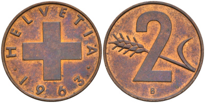 Швейцария 2 раппена 1963 В KM 47 бронза 4591-1237