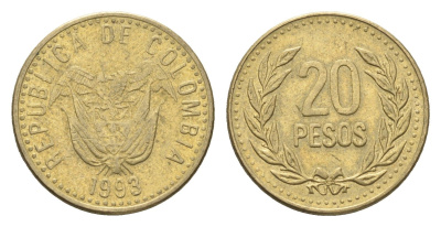 Колумбия 20 песо 1993 KM 282 алюминиевая бронза 4664-465