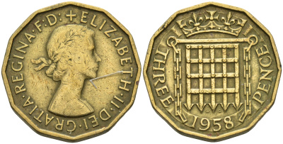 Великобритания 3 пенса 1958 Елизавета II (1952-2022) KM 900, Spink 4153 никель латунь 4603-131