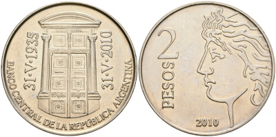 Аргентина 2 песо 2010 75 лет Центральному Банку KM 162 медно-никель UNC 4607-624