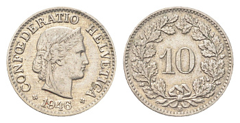 Швейцария 10 раппенов 1946 B KM 27 медно-никель 4708-161