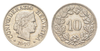 Швейцария 10 раппенов 1946 B KM 27 медно-никель 4708-161