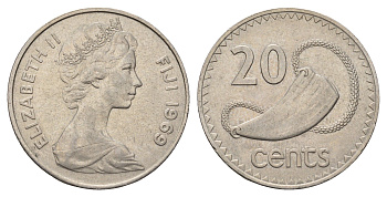 Фиджи 20 центов 1973 редкий год KM 31 медно-никель 4545-124