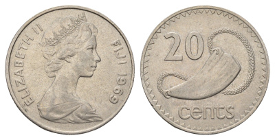 Фиджи 20 центов 1973 редкий год KM 31 медно-никель 4545-124