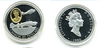 Канада 20 долларов 1990 самолеты Энсон и Гарвард, маршал Роберт Леки в оригинальной коробке с сертификатом KM 173 серебро, позолота PROOF 2-2-24
