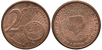 НИДЕРЛАНДЫ 2 ЕВРОЦЕНТА 2000 КОРОЛЕВА БЕАТРИКС KM 235 сталь плакированная медью 4181-429