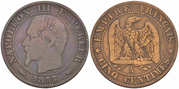 Франция 5 сантимов 1855 A, Наполеон III (1852-1870) KM 777.1, LE FRANC 116.16 бронза 108-332