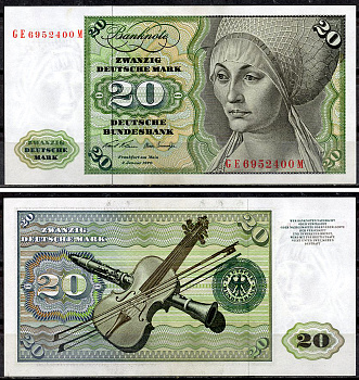 ФРГ 20 марок 1970 Эльсбет Тухер (Альбрехт Дюрер), скрипка, кларнет, буквы серии больше цифр Pick 32 a (2)  бумага  aUNC 451-918-1