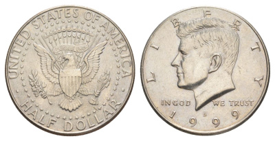 США 1/2 доллара (50 центов) 1999 D, Джон Кеннеди KM A202b медь плакированная медно-никелем aUNC 4517-232