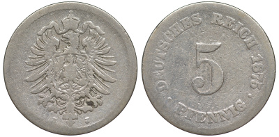 ГЕРМАНИЯ 5 ПФЕННИГОВ 1875 J, СТАРОГЕРБОВКА KM 3, J.3 медно-никель 45-429