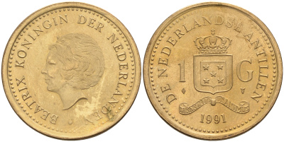 Нидерландские Антилы 1 гульден 1991 Беатрикс (1980-2013) KM 37 позолоченная сталь 4595-447