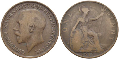 Великобритания 1 пенни 1917 Георг V (1910-1936) KM 810, Spink 4051 бронза 115-113