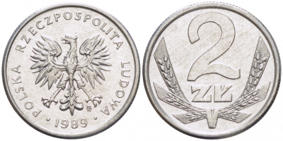 Польша 2 злотых 1989 MW, Народная Республика KM 80.3, Parchimowicz 219a алюминий 4516-1146