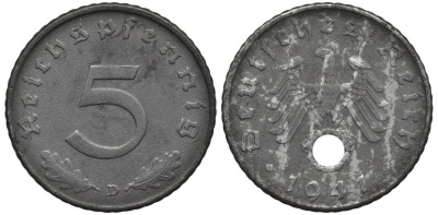 ГЕРМАНИЯ 5 РЕЙХСПФЕННИГОВ 1941 D KM 100, Jager 370 цинк 4547-712