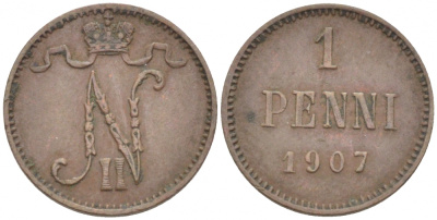 Россия для Финляндии 5 пенни 1907 Николай II (1894-1917) KM 15, Биткин 448 медь 4396-1325