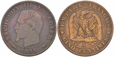 Франция 5 сантимов 1855 A, Наполеон III (1852-1870) KM 777.1, LE FRANC 116.16 бронза 108-332