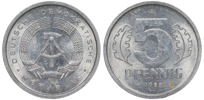 ГДР 5 ПФЕННИГОВ 1983 A КМ 9.2 алюминий 62-511