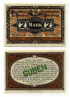 Германия 2 марки 1917 инспекция лагерей военнопленных в Губене, III-ий Армейский корпус C-3059 бумага UNC (пресс) 504-75-1-1