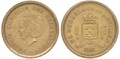 Нидерландские Антилы 1 гульден 1991 Беатрикс (1980-2013) KM 37 позолоченная сталь 25-2015