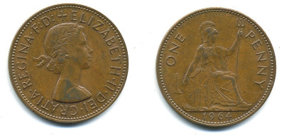 Великобритания 1 пенни 1964 Елизавета II (1952-2022) KM 897, Spink 4157 бронза 4110-341