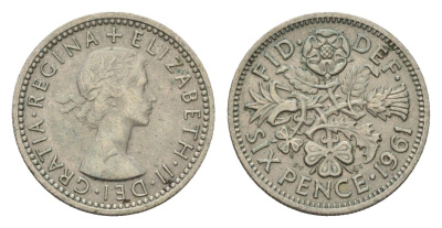 Великобритания 6 пенсов 1961 Елизавета II (1952-2022) KM 903, Spink 4149 медно-никель 100-844